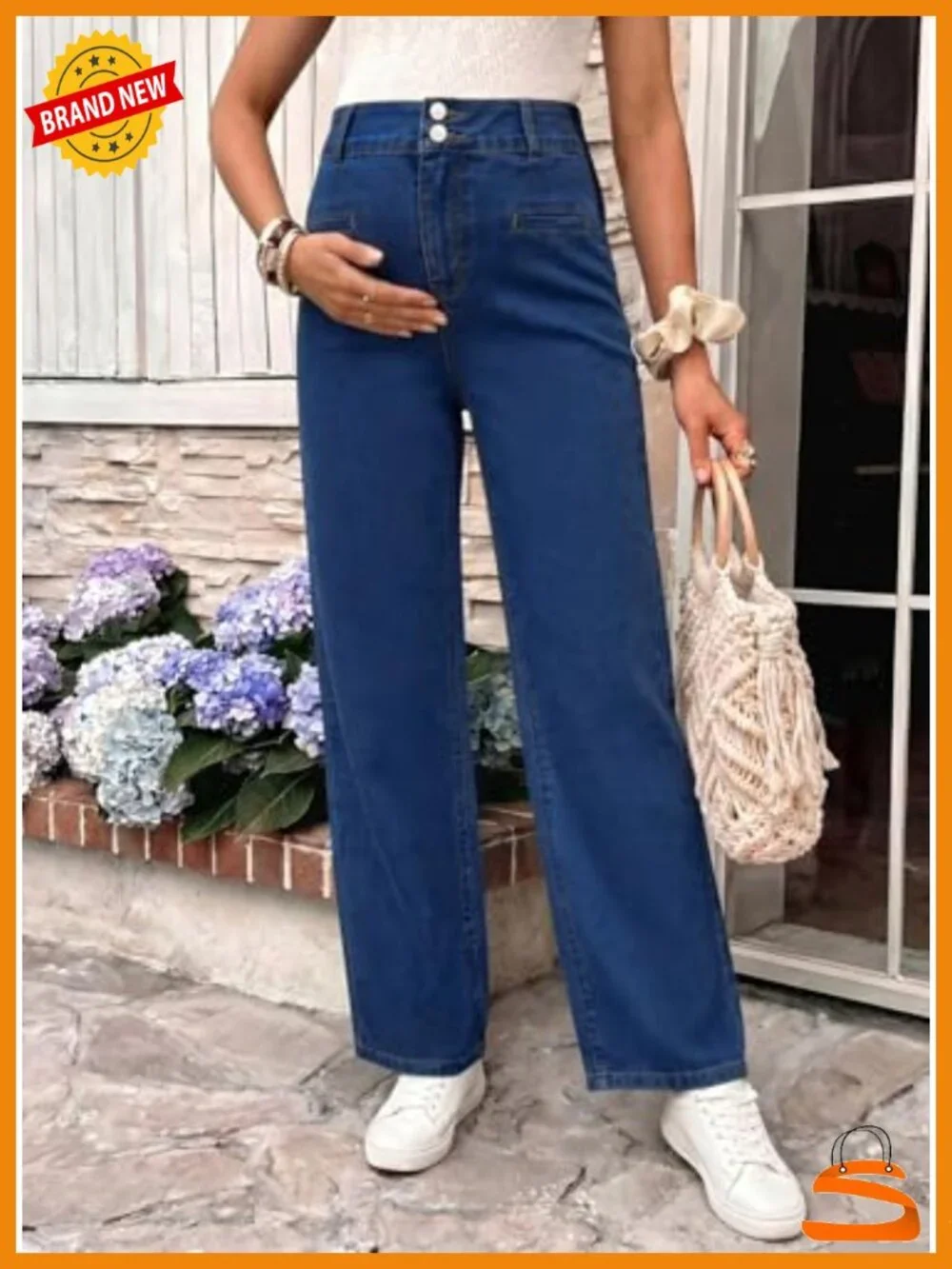 Maternity High Rise Straight Leg Boyfriend Jeans Cotton Adjustable Waist